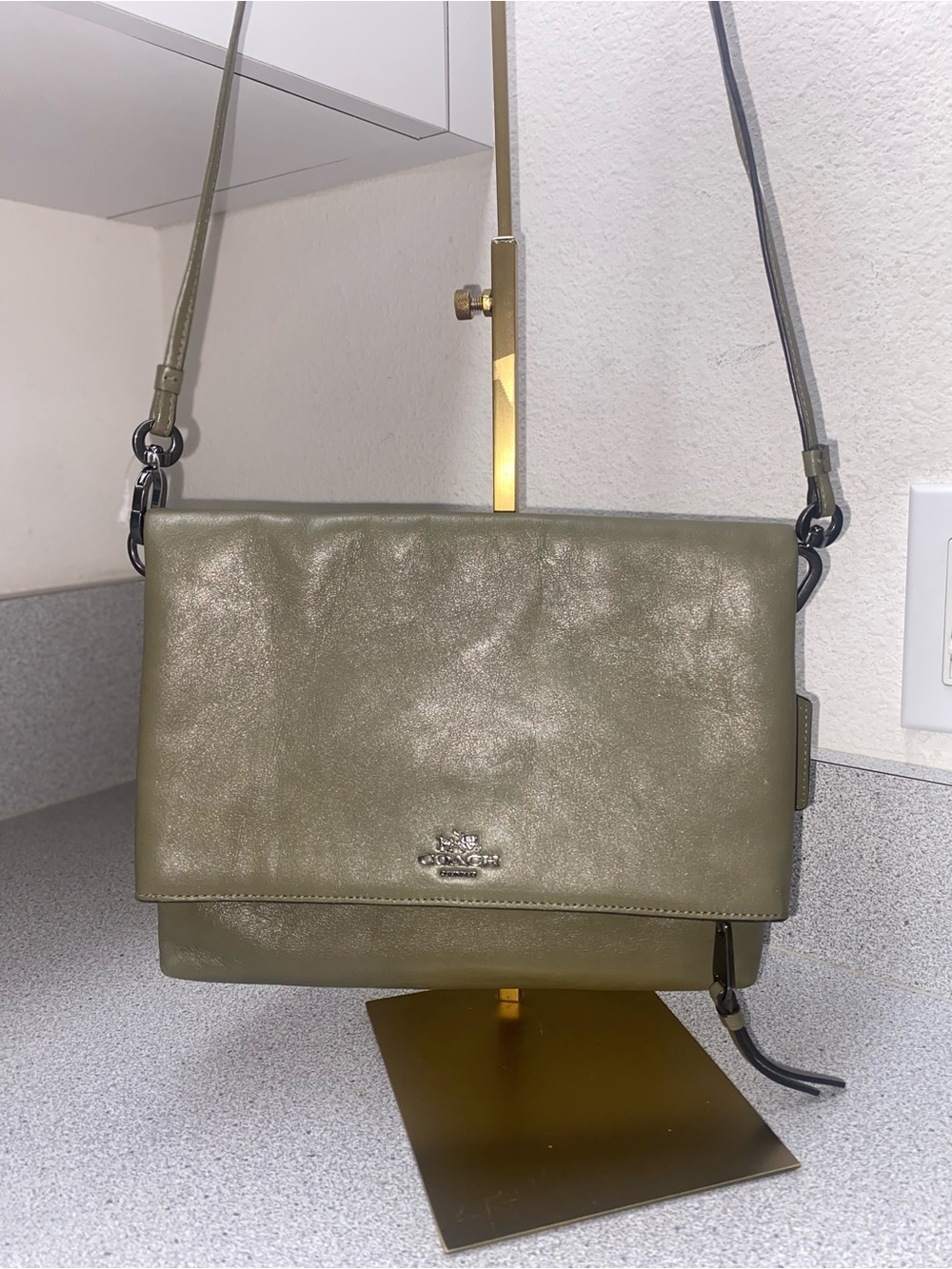 Coach Madison Leather Fold-Over Crossbody Olive Grey 51896 COA